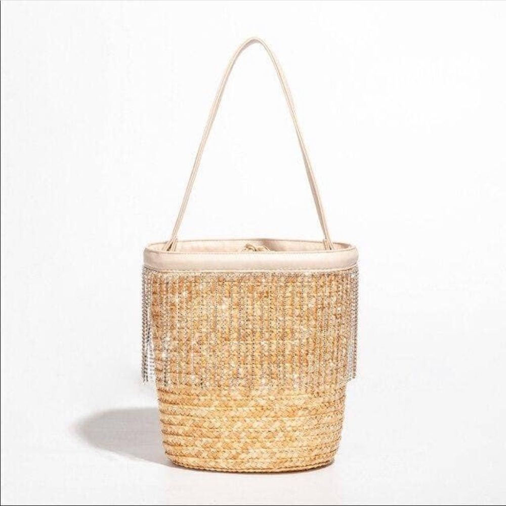 NWT Straw Crystal Fringe Bucket Bag